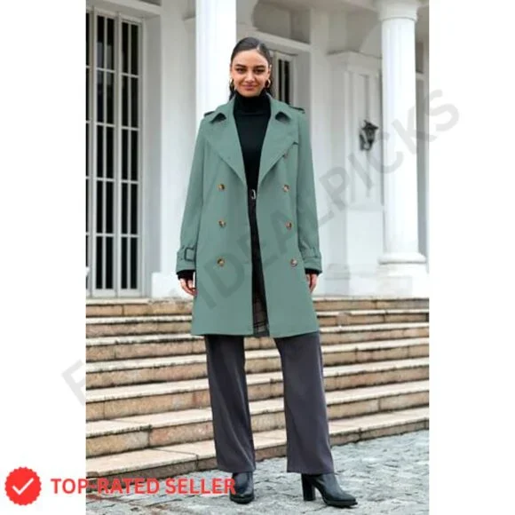 Women's Double Breasted Waterproof Trench Coat Classic Lapel Overcoat with Belt - Picture 3 of 7